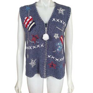 Bobbie Brooks women's large winter embroidered zip up stretchy sweater vest